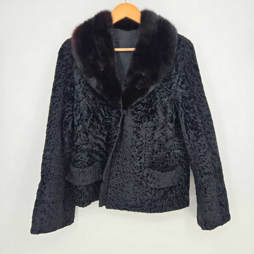 Vtg Real Mink Fur Curly Lamb Jacket Womens S/M Glamour Luxury Winter Warm Black